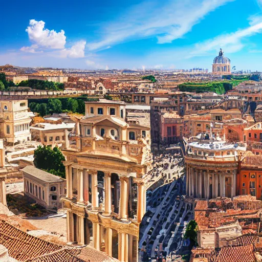 Prompt: realistic photo of a city that resembles rome during the height of the Roman Empire, 8k, wide shot, clear blue sky