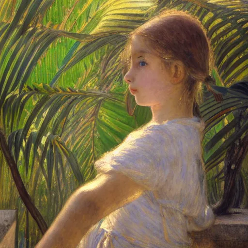 Image similar to a ultradetailed beautiful painting of a girl in the amazonas palace balustrade designed by jules bastien - lepage, hans belmer, frank weston and gustave baumann, beach, trending on artstation, mediterranean, palm trees, refracted color sparkles, sharp focus, soft light, 8 k 4 k