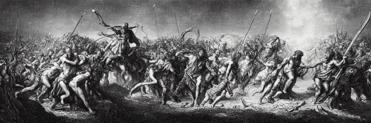 Prompt: the biblical david vs goliath, Gustave Dore lithography