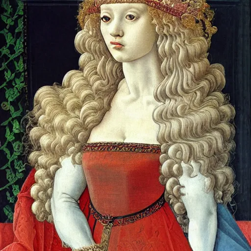 Image similar to portrait of a white poodle with curly white hair as an italian queen, painting by botticelli, 1 4 8 0 s