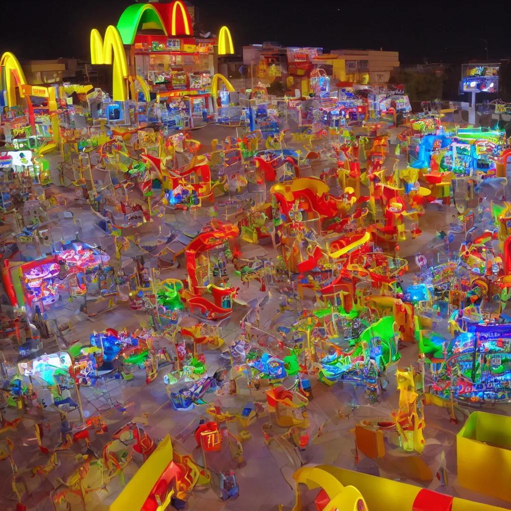 Prompt: a giant mcdonald's play place at night with the lights off after hours