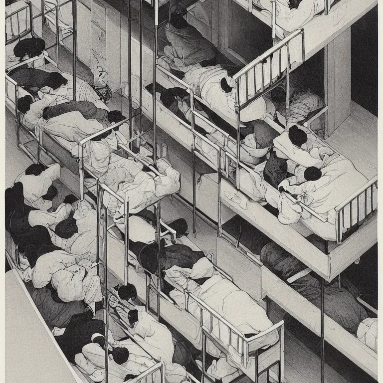 Image similar to as monochrome image of workers exploited, living in hostels with bunk beds stacked on top of bunk beds, by kawase hasui, moebius and edward hopper, colorful flat surreal design, hd, 8 k, artstation