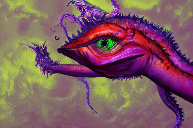 Image similar to chaos chuul spore servant gorgonops, painted by alicia austin and teddy harvia, trending on artstation, dramatic magenta lighting fish eye symbolism, hdr, portrait, iridescent colors, gond painting