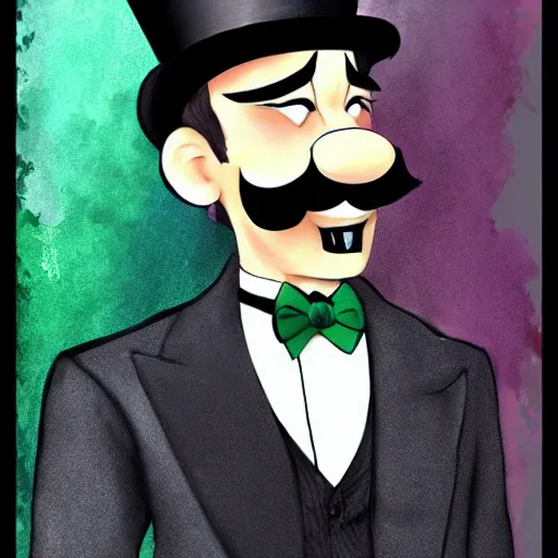 Image similar to dapper fancy luigi wearing a top hat, smirking deviously, painted by wlop