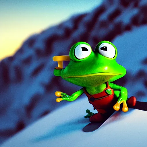 Image similar to 3 d octane render chibi frog character skiing down a mountain, pixar style