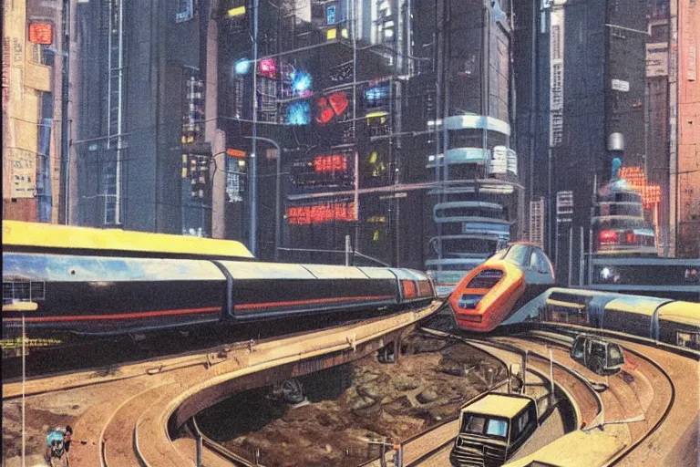 Image similar to 1 9 7 9 omni magazine cover of train bridge going through buildings in cyberpunk style by vincent di fate