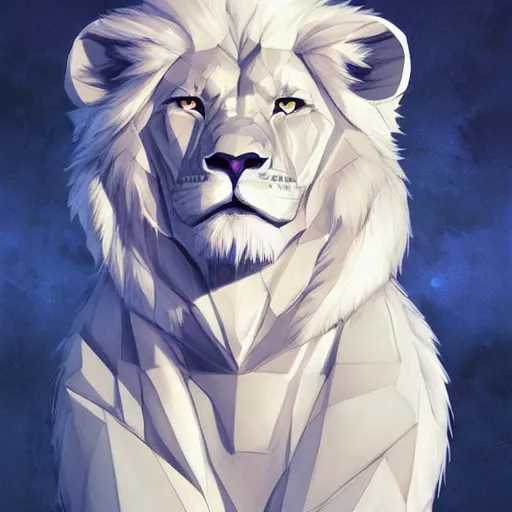 Image similar to aesthetic portrait commission of a albino male furry anthro low - poly lion, character design by charlie bowater, ross tran, artgerm, and makoto shinkai, detailed, inked, western comic book art, 2 0 2 1 award winning painting