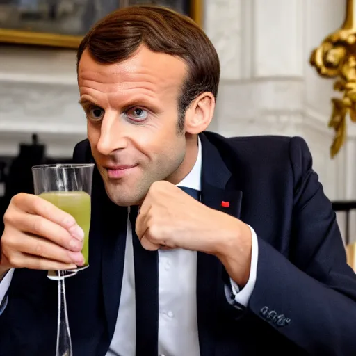 Prompt: Emmanuel Macron drinking a pastis