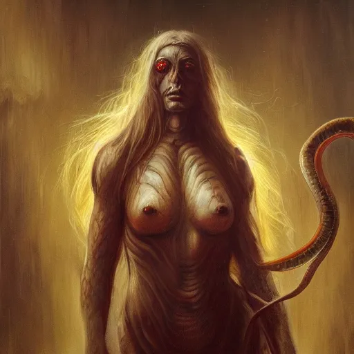 Prompt: snake woman, elden ring boss, matte painting, detailed, elden ring, oil on canvas