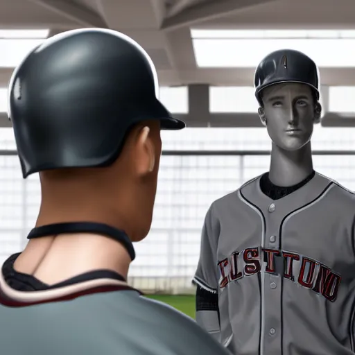 Prompt: a realistic detailed photo of a guy who is an attractive humanoid who is half robot and half humanoid, who is a male android, attractive and handsome baseball players, shiny skin, posing like a statue, blank stare, in a factory, on display, showing off his muscles, wearing baseball uniforms, side view, looking at each other mindlessly