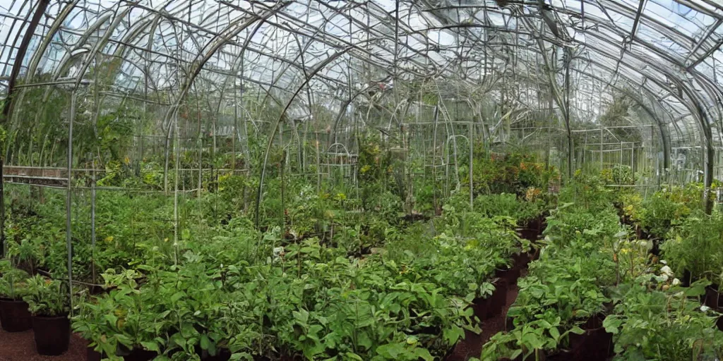 Image similar to interior of experimental greenhouse, novel plants created by the plant wizard luther burbank.