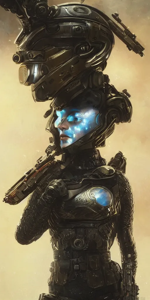 Image similar to retro futuristic female armed soldier portrait with open fractal ornate helmet, highly detailed, cinematic, 8k, by Stanley Artgermm, Tom Bagshaw, Greg Rutkowski, Vincent di Fate, Carne Griffiths, Ayami Kojima, trending on DeviantArt, hyper detailed, full of color, digital art,