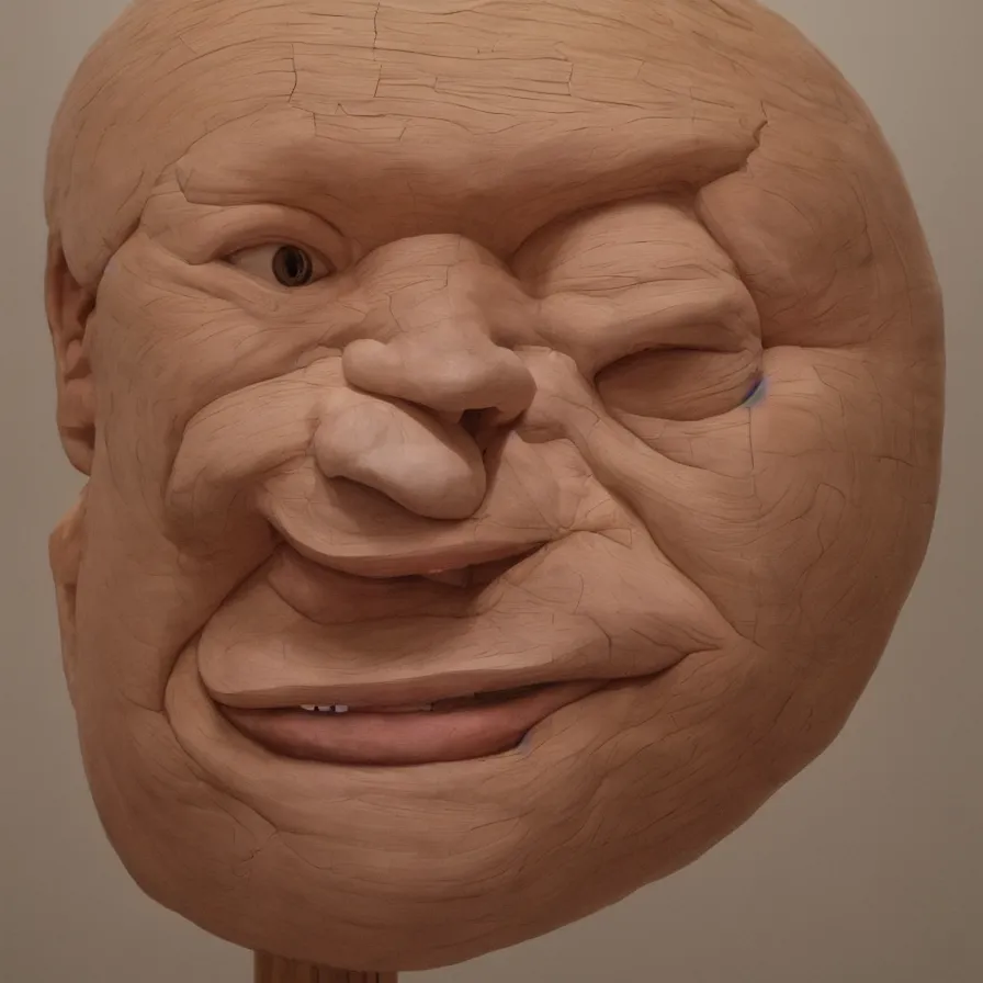 Image similar to hyperrealistic sculpture of a human face smiling carved out of pine plywood on a pedestal by duane hanson and donald judd, hyperrealistic dramatic colored lighting trending on artstation 8 k