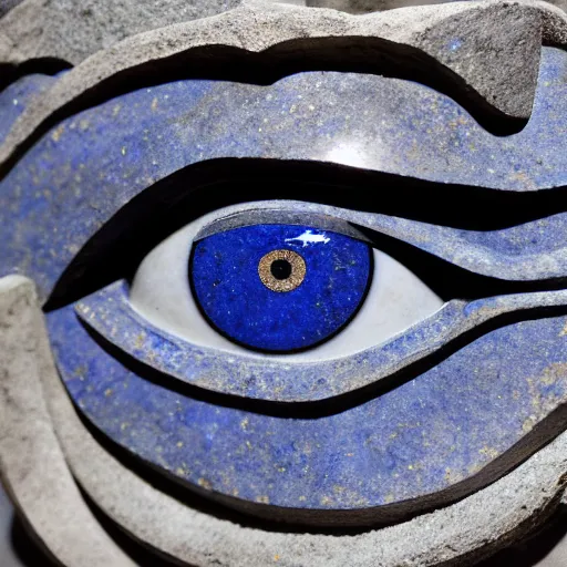 Prompt: medium - shot museum photo of ca 2 5 0 0 stone eye sculpture made of thick lapis lazuli beveled to hold the white limestone which forms the eye's sclera which is drilled to receive the black stone pupil, studio lighting, professional, promo,