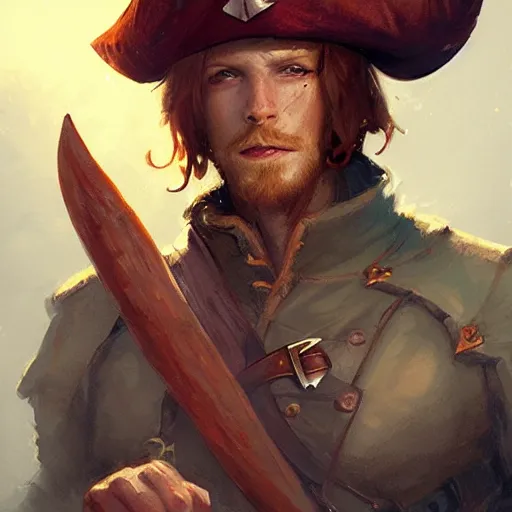 Image similar to amazing lifelike illustration of heroic handsome charming ginger rogue, long slender pointed ears, wearing a tricorne pirate captain hat, naval background, award-winning art by Greg Rutkowski