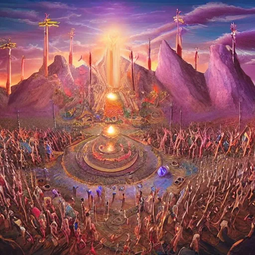 Image similar to desert festival called the sacrifice that occurs every ten years, during this event all members of society must make sacrifices on a large altar, fantasy art illustration, highly detailed and intricate