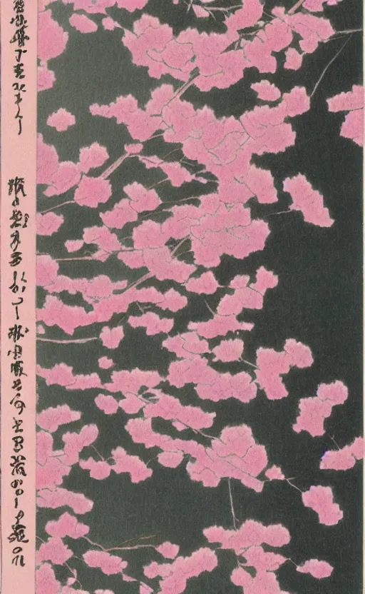 Prompt: by akio watanabe, manga art, the light pink and silver curtains of a theatre, cherry blossoms falling from top, trading card front