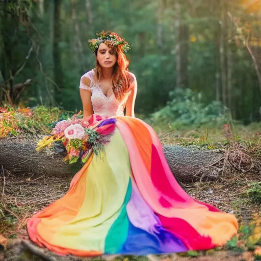 Prompt: a photo of melynda moon, sitting in a colorful forest, during sunrise, wearing a long rainbow wedding gown - n 9