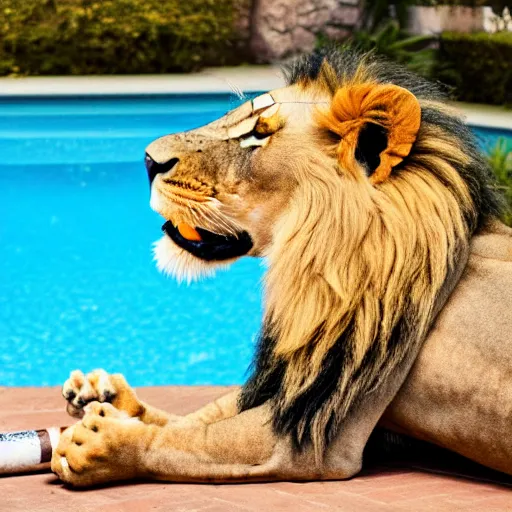 Image similar to a very detailed photo of a lion ( smoking a cigar ) outside the mansion by the pool