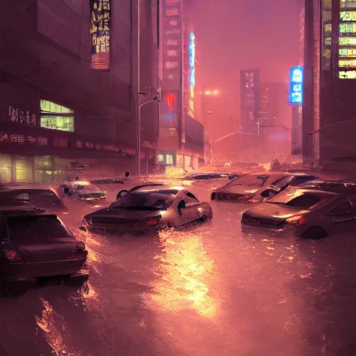 Image similar to Flooding seoul city at night, artstation; by Craig mullins, ross draws, kanliu666, chengwei pan, mingchen shen