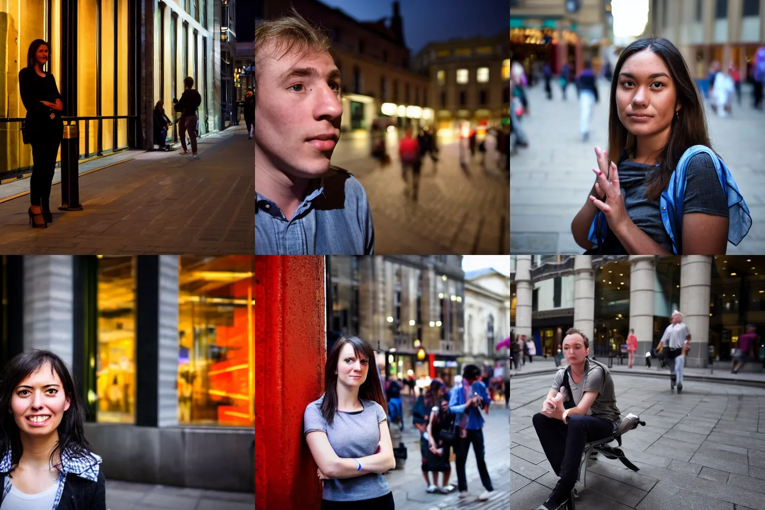 Prompt: BBC news interviewing a photogenic passerby at the city centre at 22 pm in July 2014, half-length portrait, f/3.5, ISO 100