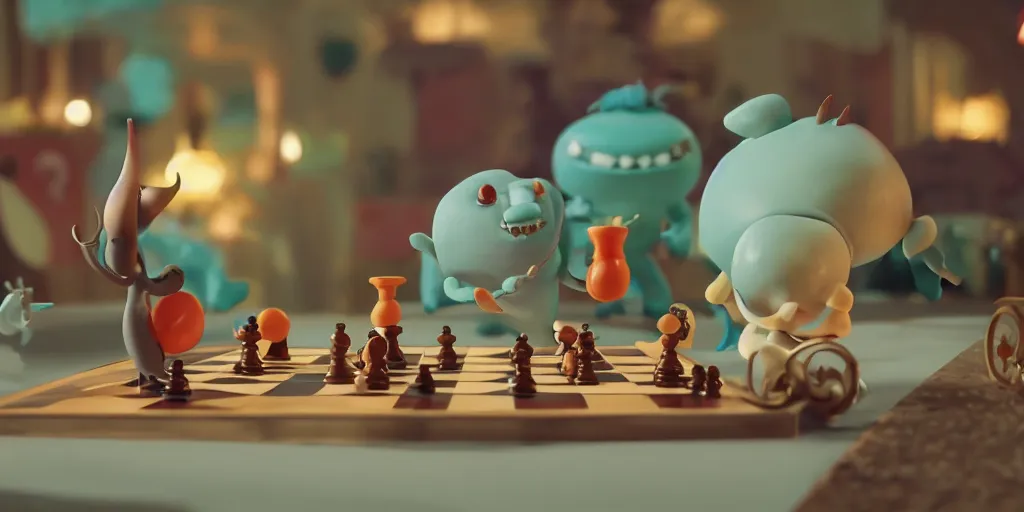 Prompt: cute cartoon monsters playing chess, still from a Wes Anderson film, cinematic, Goro Fujita, Chiho Aoshima, Beeple, trending on artstation, highly detailed, scene from a movie, soft lighting, 8k