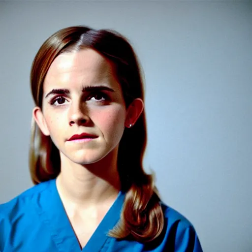 Image similar to emma watson, nurse scrubs, hospital, portrait, ponytail, mouth open, rolling eyes, head and shoulders, award winning, kodak ektachrome expired blue tint,