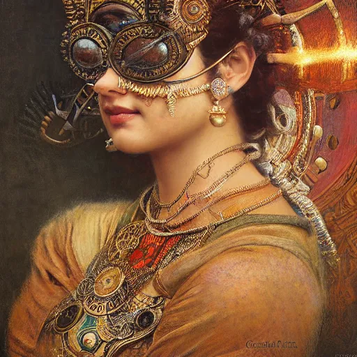 Image similar to detailed potrait of hindu traditional woman blindfolded by high - tech steam punk face armour, girl graceful,, painting by gaston bussiere, craig mullins, j. c. leyendecker, lights, art by ernst haeckel, john william godward, hammershøi,,