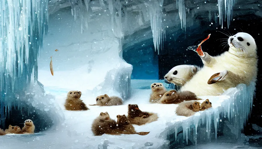 Image similar to highly detailed closeup painting of cute furry white baby seals eating fish inside a snowy fantasy ice crystal cavern by william turner, by greg rutkowski, by william constable, thick brush strokes and visible paint layers, 4 k resolution