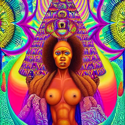 Image similar to a regal and heroic african queen with a colorful afro sitting in a cabana near a large steampunk pyramid near a pink river with a large glowing baobab tree, by amanda sage and alex grey and evgeni gordiets in a surreal psychedelic style, symmetrical, detailed eyes, oil on canvas 8k, hd