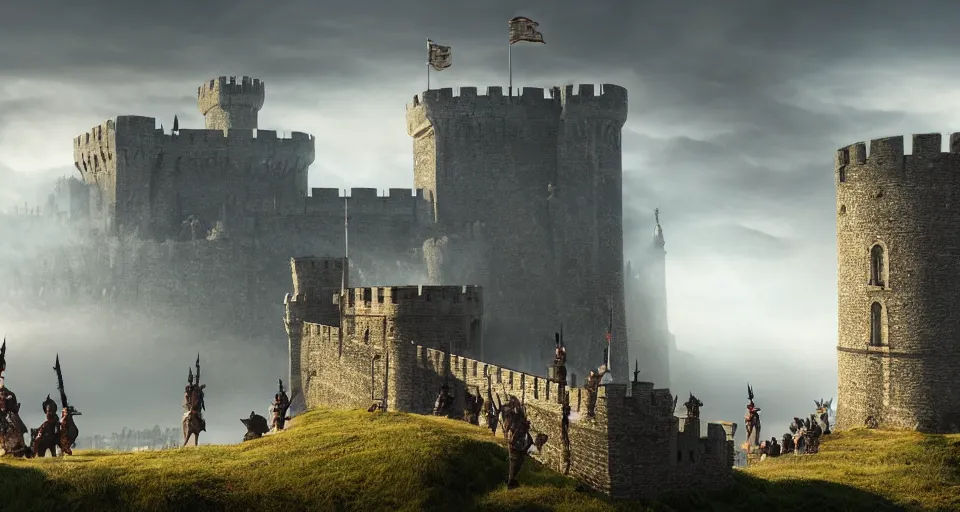 Prompt: ten medieval soldiers atop a castle wall looking over a vast medieval kingdom rule by an evil king. it is a quiet morning. mist, epic, cinematic, volumetric lighting, symmetry, fantasy style, highly - detailed, unreal 5, realism