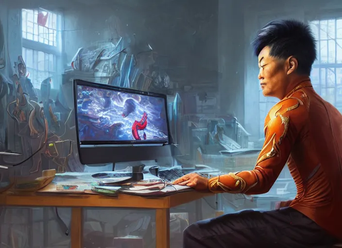 Image similar to an insanely detailed painting of an asian man wearing a homemade superhero costume, sitting at a desk, staring seriously at the computer and typing, in the style of peter mohrbacher, james jean, artgerm, dramatic lighting and composition, surreal background, octane render, pixar, trending on artstation, concept art, comic book, view from behind, 8 k