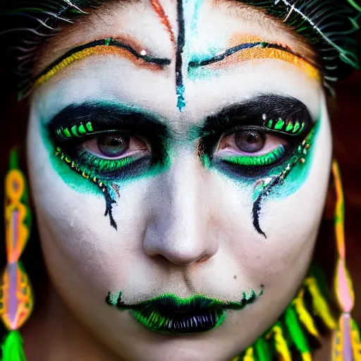 Image similar to minimalist photography portrait of an elaborately adorned female shaman warrior, face paint, symmetrical, super close up, mid thirties, cute round green slanted eyes, porcelain skin, wide nostrils, chubby cheeks, high flat eyebrows, ethereal essence, angelic, leica 1 0 0 mm f 0. 8