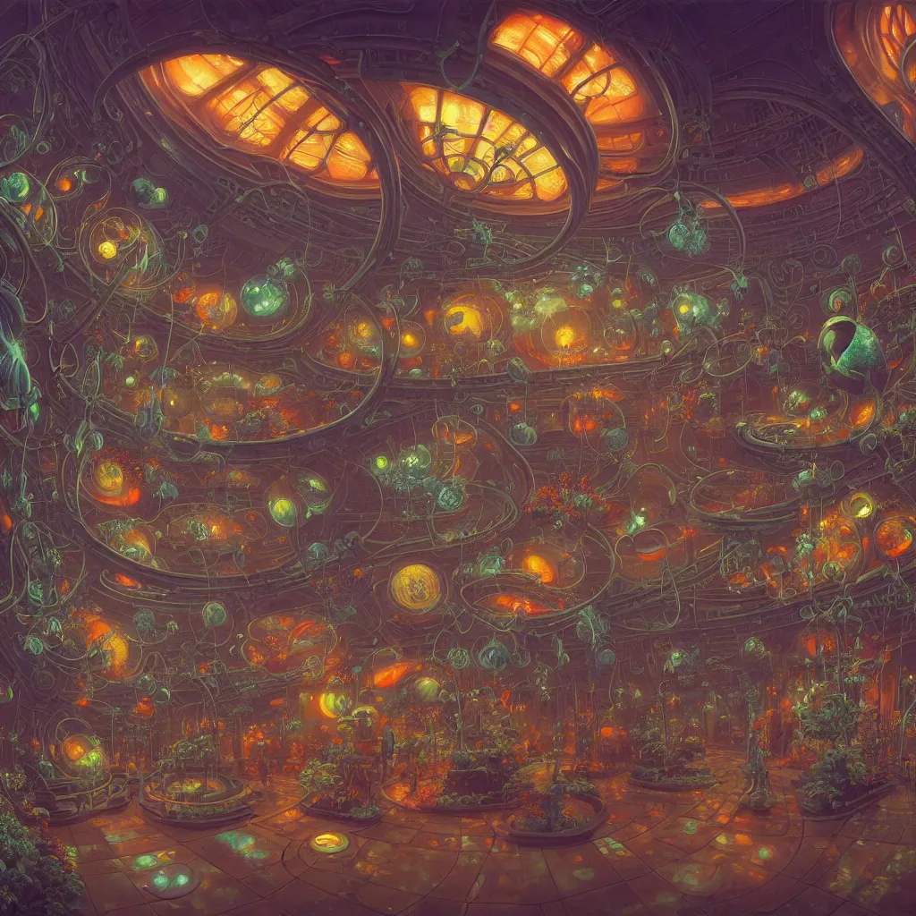 Image similar to fish eye lens a bright minimalist bioluminescent oil painting by donato giancola, warm coloured, cinematic scifi luxurious futuristic foggy steam filled victorian garden mall interior with microscopy radial windows flowers growing out of pretty bulbous ceramic fountains, gigantic pillars and flowers, maschinen krieger, beeple, star trek, star wars, ilm, atmospheric perspective