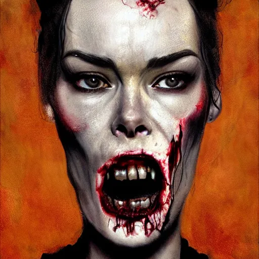 Image similar to color head portrait of lena headey eating a banana as a zombie, 7 days to die zombie, gritty background, fine art, award winning, intricate, elegant, sharp focus, cinematic lighting, digital painting, 8 k concept art, art by michael hussar, art by brom, art by guweiz and z. w. gu, 8 k