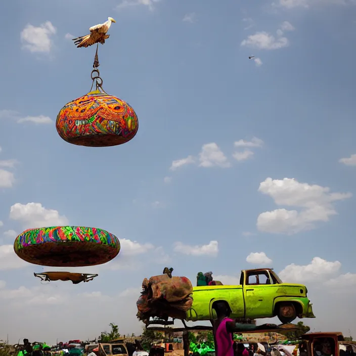 Image similar to UFO hovering over an African Jesus , clouds, colorful, in the style of Nigerian truck art (Eagle & Snake, Kano),