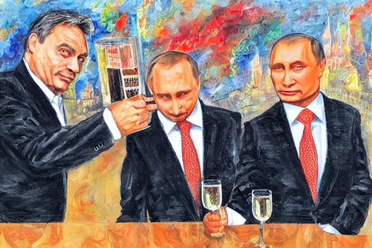 Image similar to viktor orban drinking champagne with putin in front a burning city, highly detailed eyes, oil painting