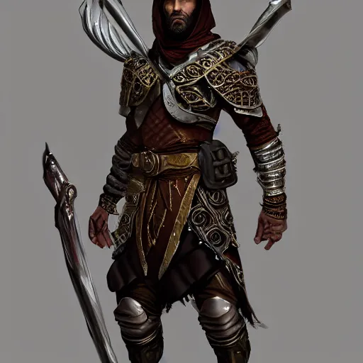 Prompt: D&D rogue character art Arabian warrior, intricate ornate armor, muscle, full body portraits, 35mm, position, cinematic litghing, realism concept art composition, ultra realistic, realism, cinematic, photorealistic, epic scene, low-key lighting, renderman, physically based render, dolby vision, 4k, super detailed, 8K, fantasy, detailed painting, long neck, long anatomy, mixed up, extra anatomy, style of charlie bowater, tom bagsgaw, artgerm, rule of thirds