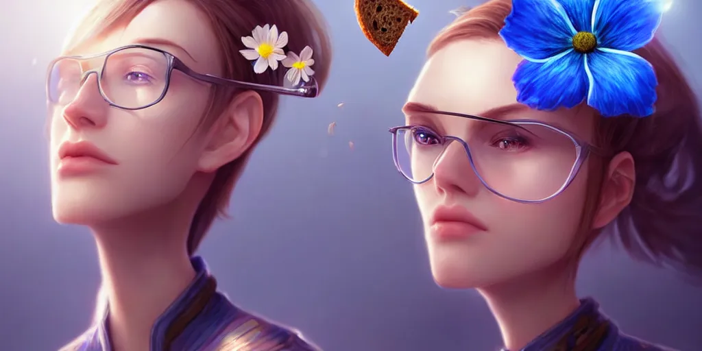 Image similar to epic professional digital art of a bread toast wearing 👓 and a blue flower, best on artstation, cgsociety, wlop, cosmic, epic, stunning, much detail, much wow, masterpiece, backlight