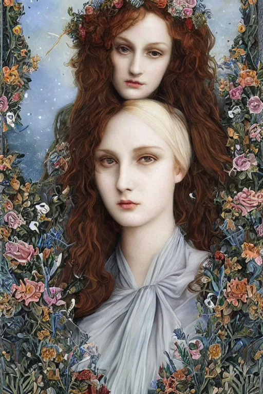 Image similar to An extremely beautiful pre-raphaelite portrait of a very beautiful and cute witch, surreal, ultradetailed, intricate, elegant, digital art painting, concept art, smooth, sharp focus, poster art, art cover illustration, regal, award winning picture, extremely detailed masterpiece, sense of awe, featured on artstation, Artgerm, effervescent punk kawaii-noir pastel bubbles, winning award piece, ethereal rainbows, Aetherpunk, low-key neon lightning, stormy weather, Exquisite details, 8K detail post-processing, matte, oil painting