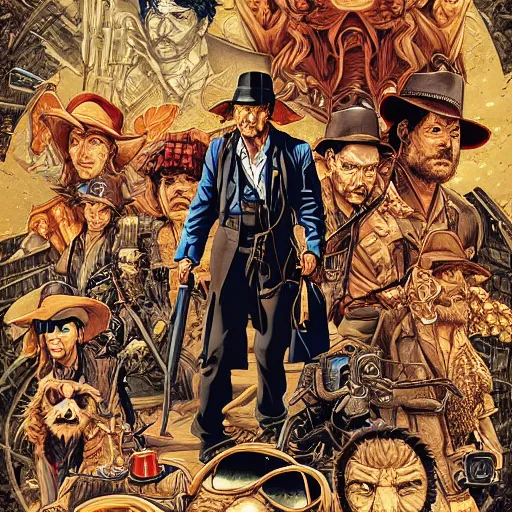 Image similar to portrait of crazy indiana jones, symmetrical, by yoichi hatakenaka, masamune shirow, josan gonzales and dan mumford, ayami kojima, takato yamamoto, barclay shaw, karol bak, yukito kishiro