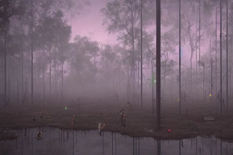 Image similar to scene from louisiana swamps,, neon cross, voodoo, 8 k, hyper detailed, artwork by tim eitel