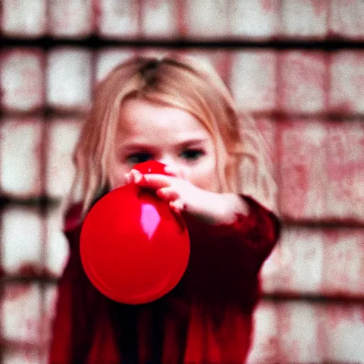 Prompt: dystopian grunge disposable camera photo of little girl holding a red balloon | horror | nightmare