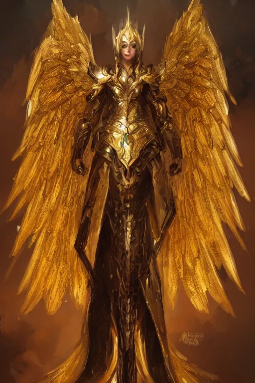 Prompt: grand mage in golden armor with intricate angelic wings, WLOP, concept art, digital painting, trending on artstation, highly detailed, 8k UHD, artgerm