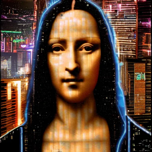 Prompt: Cyberpunk monalisa, cyberpunk in a cyberpunk city