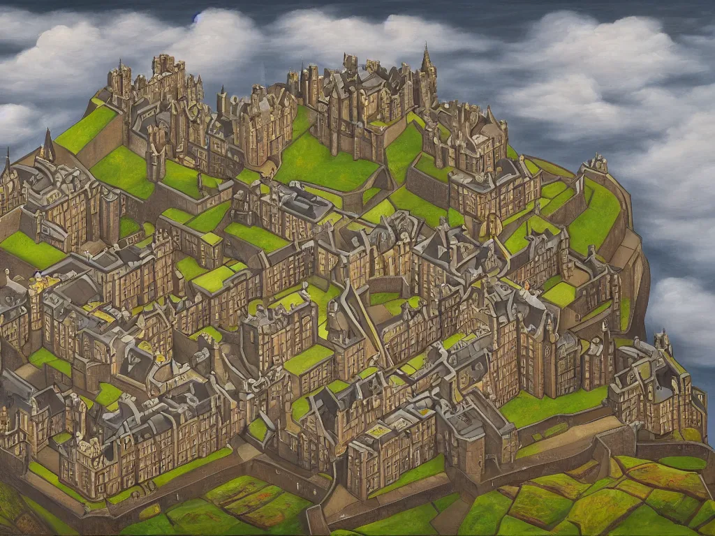 Prompt: A detailed oil painting of Edinburgh, castle, park, in the style of Michiel Schrijver, M.C. Escher surreal, isometric