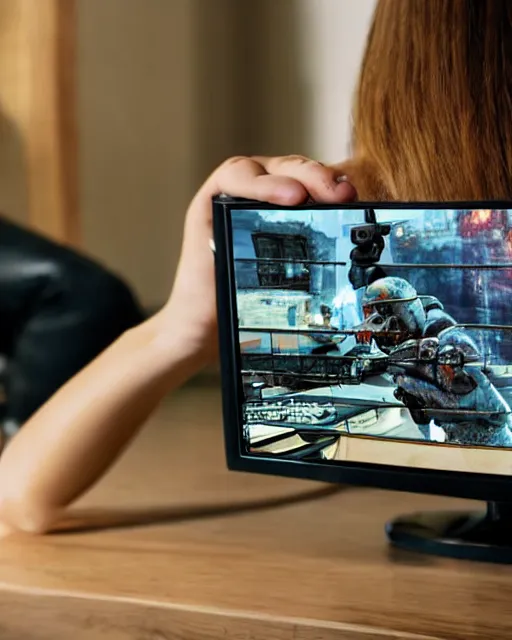 Image similar to view from behind of a cute beautiful blonde woman playing game, holding controller, watching television displaying call of duty, intricate detail, cinematic composition