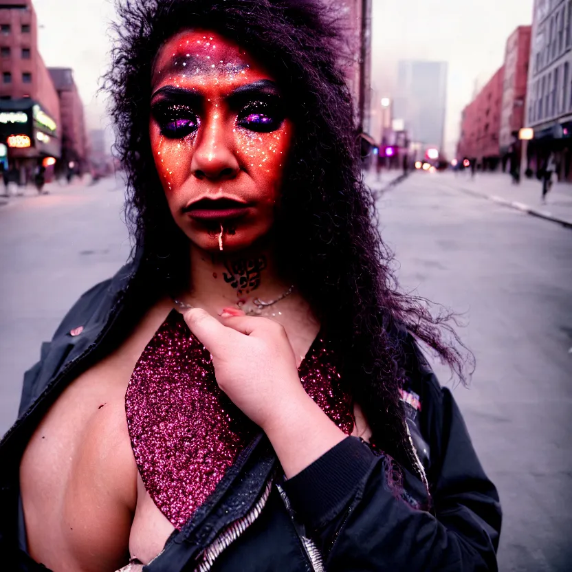 Prompt: Cinestill 50d candid photography of a city on fire, extreme wide shot of a poor techwear mixed woman wearing thick mascara and dark glitter makeup crying outside of a city on fire, tattoos, extreme long shot, full shot, blurry, 4k, 8k, hd, full color