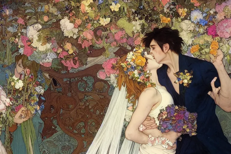 Image similar to the groom kisses the bride at a wedding full of flowers, bright and happy, dreamlike art, highly detail, 4 k realistic, wedding photoy krenz cushart. artem demura. alphonse mucha. yoji shinkawa artgerm. jon lothian. danilo torres. adi meyers. thomas reimann. gaston bussiere.