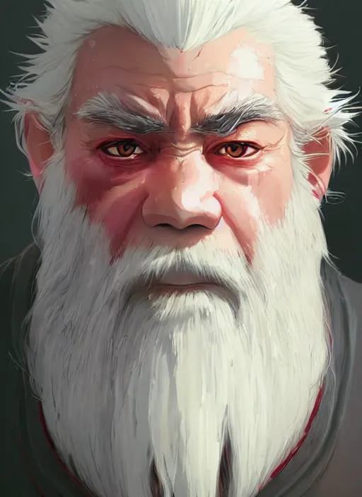 Prompt: dwarf with white hair, sharp red iris, long beard, pale snow white skin, full body character portrait, colorful, highly detailed, digital art by studio ghibli and greg rutkowski and takehiko inoue